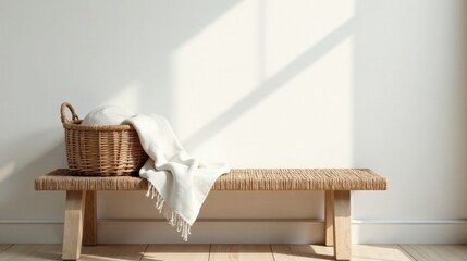 A serene minimalist interior scene featuring a woven bench with a wicker basket holding a soft textile