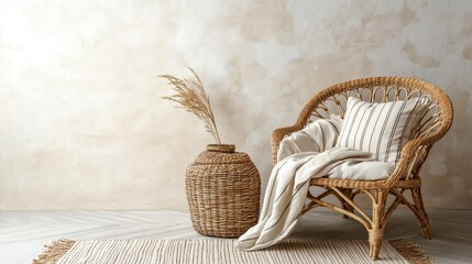 Fototapeta premium Cozy Rattan Chair with Textured Blanket and Minimalist Decor