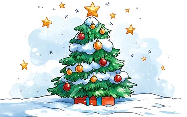 Cartoon Christmas tree decorated with snow, gifts, and stars