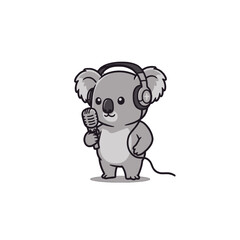 Cartoon Koala Using Microphone With Headphones in Monochrome Illustration