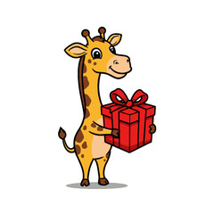 Cartoon Giraffe Holding a Festive Gift Box with a Red Ribbon