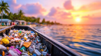 Fototapeta premium Plastic pollution idea. Pollution in a beautiful sunset, highlighting environmental challenges and waste.