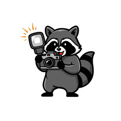 Cartoon Raccoon Photographing with a Camera Featuring Flash