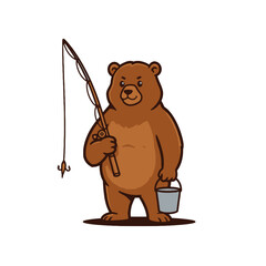 Obraz premium Cartoon Bear Holding a Fishing Rod and Bucket with a Calm Expression