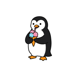 Cute Cartoon Penguin Holding Colorful Ice Cream Cone in Whimsical Style