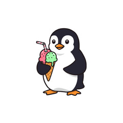 Cartoon Penguin Holding Ice Cream Cone in Fun Whimsical Style