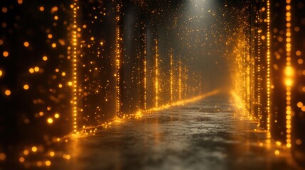 Fototapeta premium Golden Lights Illuminate Dark Pathway, Sparkling Dust Motes Dance Mysteriously