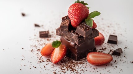 Fresh strawberries dipped in dark chocolate with shavings and squares elegantly arranged.