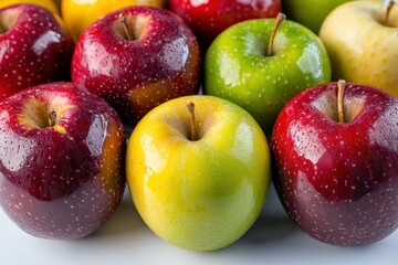 A close-up shot of fresh, colorful apples, showcasing the vibrant reds, greens, and yellows, highlighting the fruit's natural texture and detail in a simple still life.