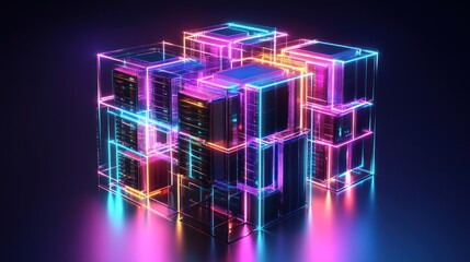 Neon Cube Data Center Servers, Network, Technology, Abstract Background, Digital