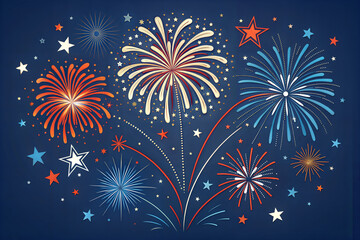 Colorful fireworks bursting against a blue background, creating a vibrant and festive atmosphere in a vector illustration.