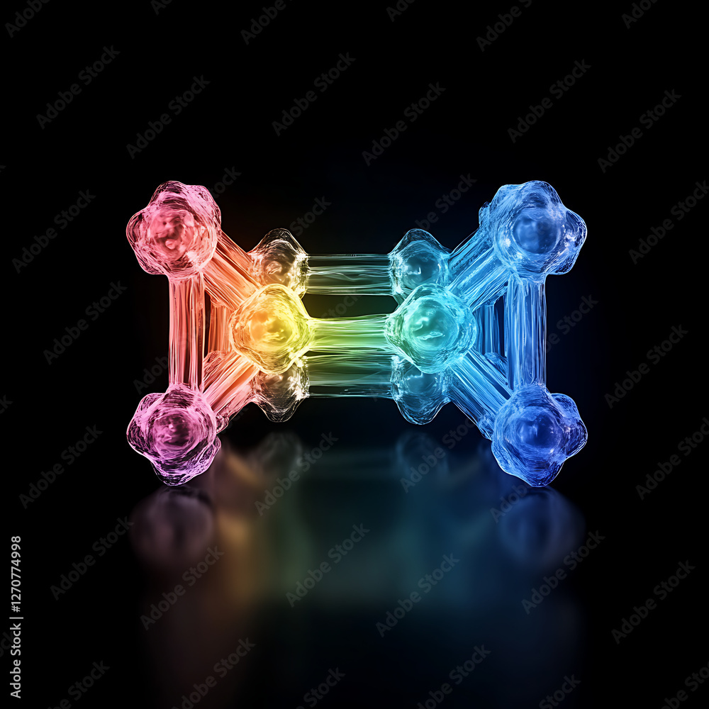 Poster molecular structure complex connection abstract colorful design on dark background with reflections