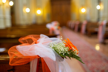 Church Interior with Pew Decorations for Wedding