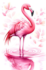 Fototapeta premium Beautiful pink flamingo is standing in a pink body of water. The water is a deep shade of pink, and the flamingo's feathers are also a vibrant shade of pink. The scene is serene and peaceful