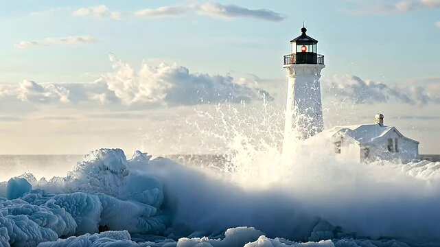 A winter lighthouse by Lake Superior with icy waves