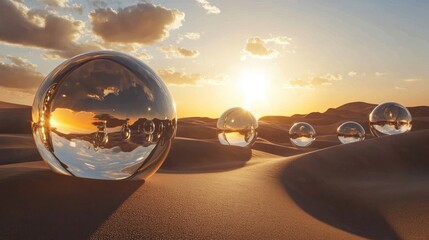 Obraz premium Sunset desert landscape with crystal balls reflecting the sky. Website banner, desktop wallpaper