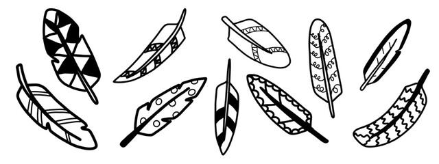 Stylized Doodle Rustic ethnic decorative Feathers set. Feathers silhouettes. Set of animal feathers decorated with various patterns and ornaments. Black and white tribal feathers