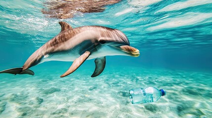 Plastic pollution idea. A dolphin swims gracefully near a discarded plastic bottle underwater.