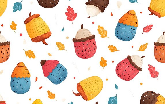 Colorful acorn pattern background with leaves. Possible use Children's book illustration, wallpaper, fabric design
