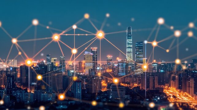 Night cityscape, network connections, glowing nodes, urban development, technology background, website header