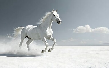 Fototapeta premium White horse running on a white salt flat