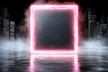 A neon pink square is lit up in the dark. The square is surrounded by a city skyline and a body of water. The image has a futuristic and mysterious vibe