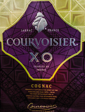A bottle of Courvoisier cognac with a luxurious design and rich history is presented in Jarnac, France