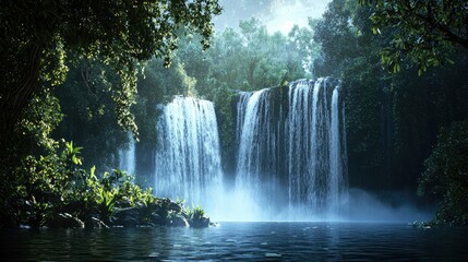 Fototapeta premium Majestic Waterfall Surrounded by Lush Greenery and Mist
