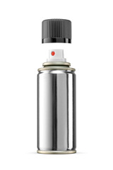 Clean metal aerosol spray dispenser isolated. The black cap is above the bottle. Transparent PNG...