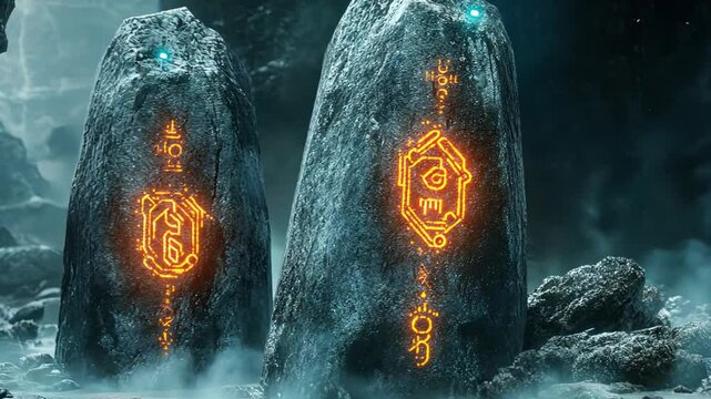 Ancient Runestones of Mystery: Illuminated with glowing symbols, two weathered stone runestones stand in a mystical, cinematic landscape. The runes evoke an air of age-old enchantment. 