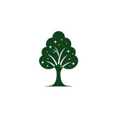 Elegant Green Tree Silhouette with Decorative Star Accents on White Background