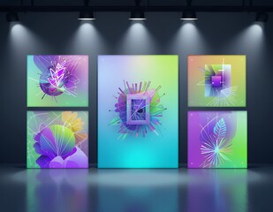 Modern Art Gallery with Colorful Abstract Geometric Paintings Display