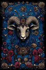 Ram with horns and a crown on its head. The ram is surrounded by flowers and stars
