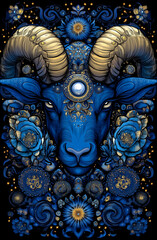 Fototapeta premium Blue ram with a flowery design on its face. The ram is surrounded by a lot of flowers and stars
