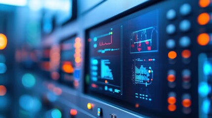 Obraz premium Control panel displays data; tech, industry, monitoring, background blurred
