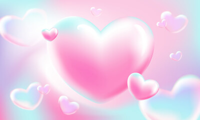 3d pink soft hearts on gradient background. Dreamy gentle horizontal banner with copy space. Valentine's day, wedding, romance. Vector illustration.