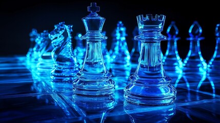 Glass chess pieces on a board symbolize strategic planning and foresight.