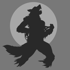 Werewolf Silhouette Howling at the Full Moon Vector Illustration