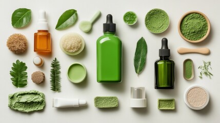 various cosmetic products and leaves arranged on a surface.