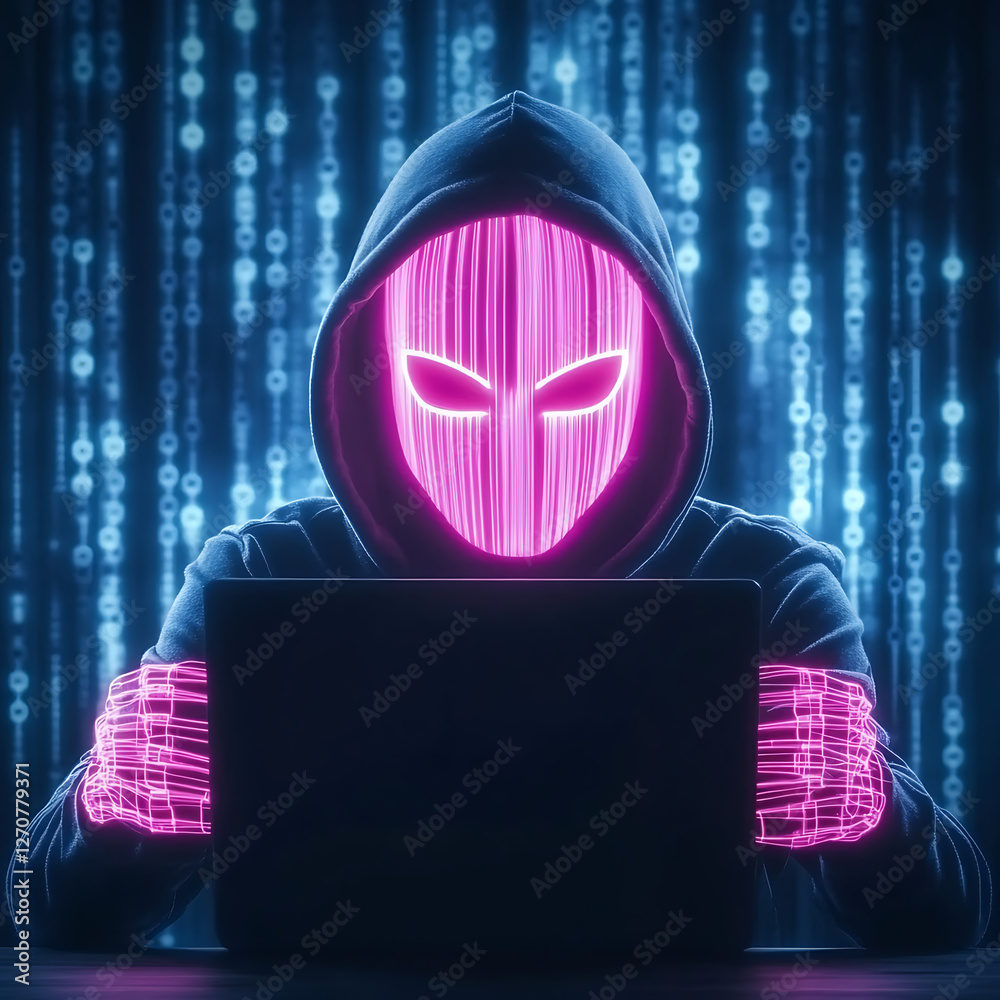 Poster mysterious hacker behind laptop with glowing mask and hands on the dark web cyberpunk style