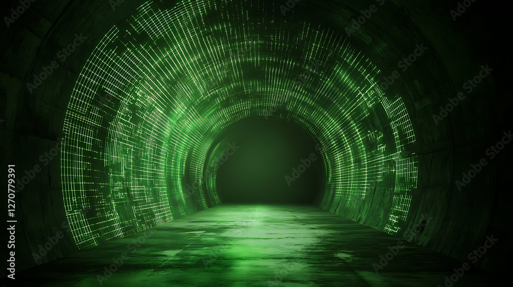 Poster mysterious green tunnel with intricate light patterns in a cyberpunk setting