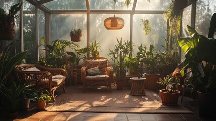 Fototapeta premium Sunlit conservatory, wicker furniture, abundant plants.
