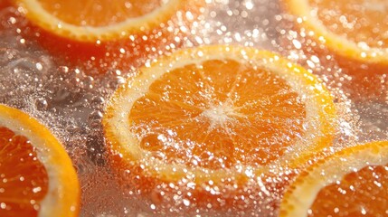 Fresh orange slices are submerged in sparkling water, creating a vibrant and refreshing visual effect with bubbles.