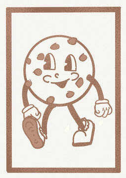 Vintage groovy style illustration of a cookie character in a playful pose