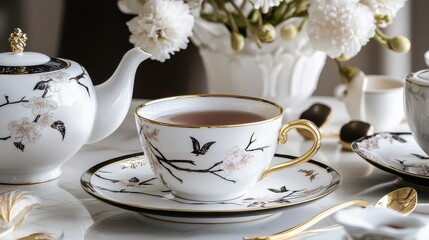 Fototapeta premium Elegant Teacup and Teapot with Floral Design on Table Setting