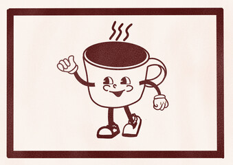 Vintage groovy style illustration of a cheerful coffee cup character