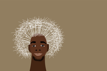 Illustration of a smiling man with dandelion hair in cartoon style