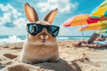 Fototapeta premium Cool bunny on beach, sunglasses, summer fun, vacation, relaxation