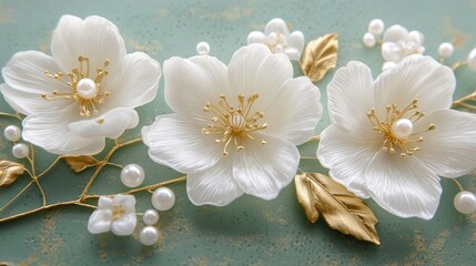 Elegant white flowers, gold accents, pearl detail, green background; wedding invitation design