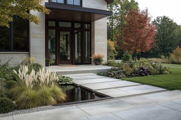 Obraz premium Modern Geometric Landscape Design with Lush Greenery